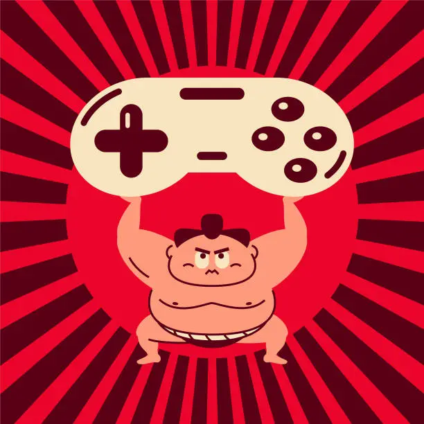 Vector illustration of Sumo wrestler crouching, arms raised, holding up a large game controller