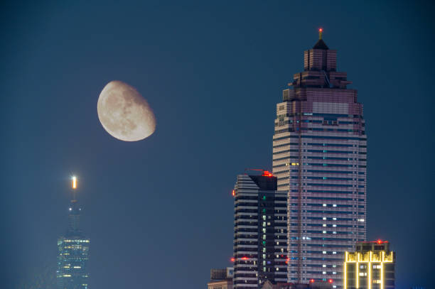 istock Computer vision composite of the moon and city buildings. 1575839793