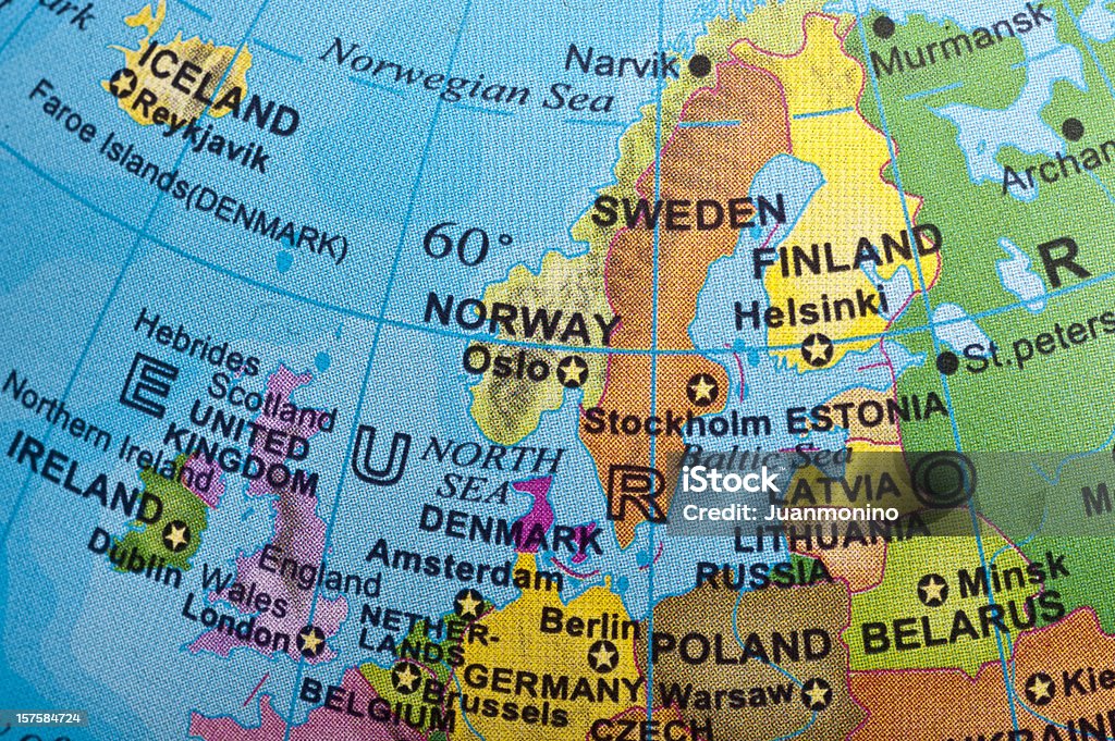 Map of Northern Europe Northern Europe in a small desktop globe (this picture has been shot with a High Definition Hasselblad H3D II 31 megapixels camera and 120 mm f4H Hasselblad macro lens) Map Stock Photo