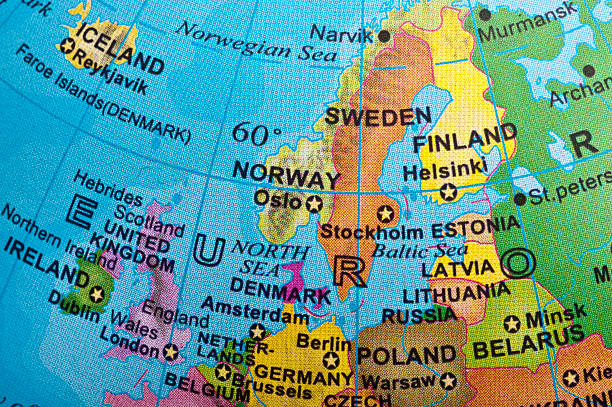 Map of Northern Europe Northern Europe in a small desktop globe (this picture has been shot with a High Definition Hasselblad H3D II 31 megapixels camera and 120 mm f4H Hasselblad macro lens) northern europe stock pictures, royalty-free photos & images