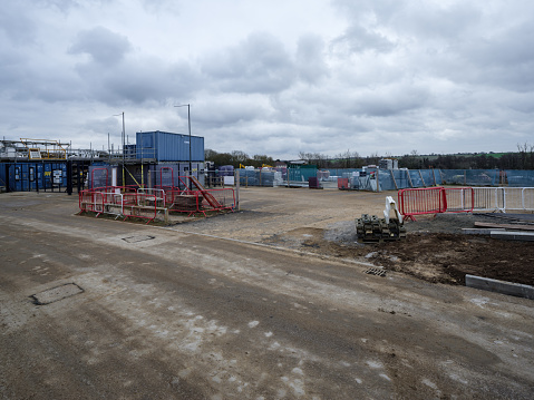 Onehouse, Stowmarket, Suffolk, England - Feb 11 2023: Construction compound for new homes developer site in Suffolk.