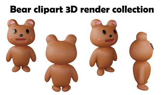 Bear clipart element ,3D render animal isolated icon set on white background No.1