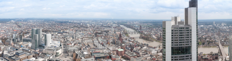 Frankfurt, Germany, downtown panorama, skyline at day (Pro Photo RGB), Commerzbank Tower in the foreground, Main River to the right, Zeil shopping mall and Palais Quartier on the left.