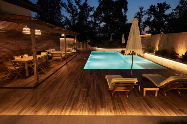 istock Modern patio and the swimming pool by night. 1575852592