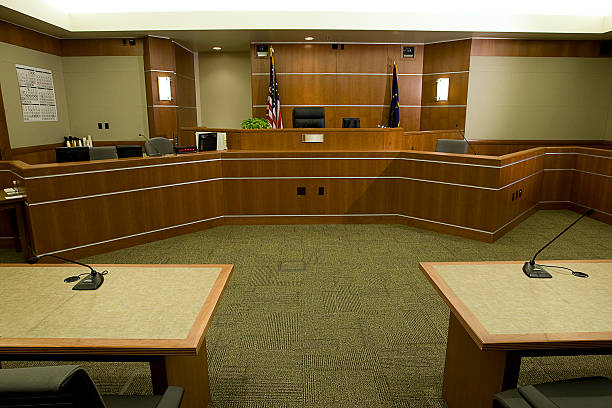 Modern Courtroom with Judge's Bench, Attorneys' Desks Medium Wide Angle stock photo