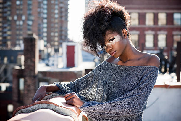 African American Beautiful Fashion Model in Makeup on NYC Rooftop stock photo