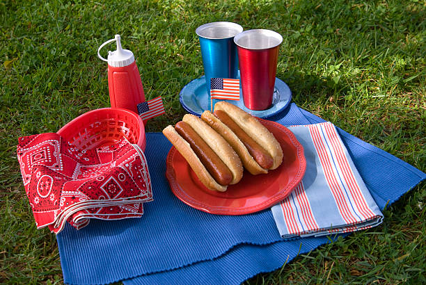 barbacoa perrito caliente picnic, labor & memorial day & cuatro de julio - napkin american flag holiday fourth of july fotografías e imágenes de stock