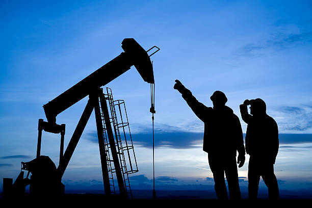 Oil Workers Inspecting a Pump Jack Two oil and gas industry workers inspect an oil jack. oil pump petroleum equipment development stock pictures, royalty-free photos & images