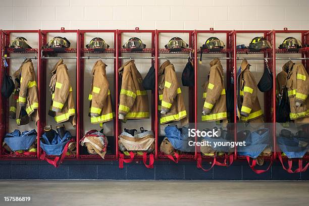 Firehouse Gear Stock Photo - Download Image Now - Fire Station, Firefighter's Helmet, Indoors