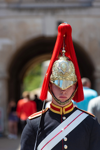 London, United Kingdom. July 9th 2022\nMounted Royal Guard, A Cavalry Soldier and member of the Queens Life Guard at the entrance to Horse Guards Parade in Whitehall, Central London, Great Britain.