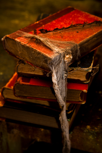 Old red books covered by real spiderwebs.