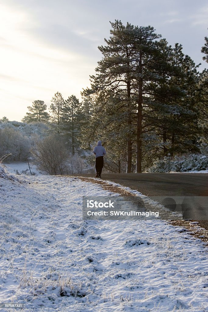 Morning Run Runner on an early morning run in a snowy forest scene after a beautiful Colorado mountain snowfall. Cold Temperature Stock Photo