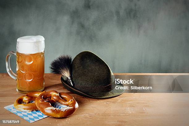 Masskrug Beer Pretzel And Hat With Gamsbart Stock Photo - Download Image Now - Gamsbart, Hat, Beer - Alcohol