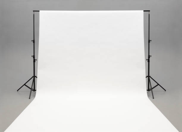Seamless white background paper hanging on stands-isolated on grey