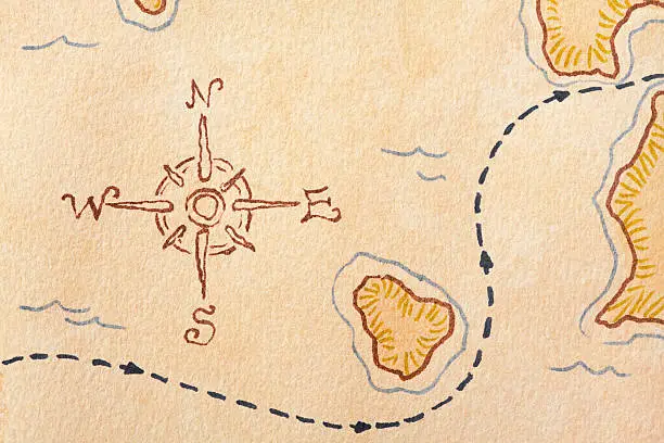Close-Up shot of a Compass Rose on a hand made Treasure  map. Copy Space available on this Full Frame Horizontal image.