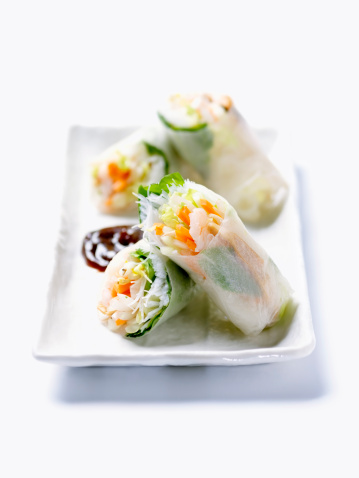 Vietnamese Shrimp Rice Paper Rolls with Hoisin Dipping Sauce with Natural Drop shadow