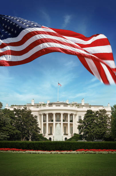 amerikanische flagge auf der vorderseite des weißen haus - washington dc fotos stock-fotos und bilder