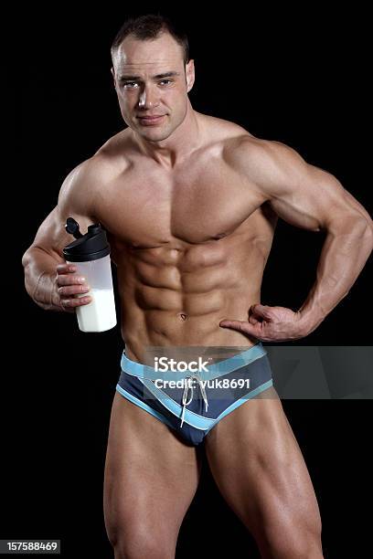 Handsome Muscular Male With Protein Shake Stock Photo - Download Image Now - Abdomen, Abdominal Muscle, Adult