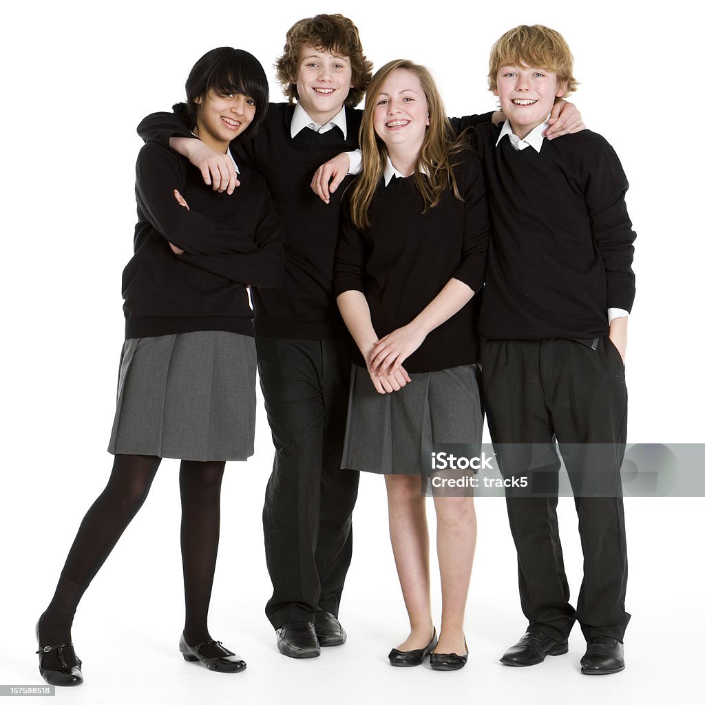 Início teen alunos: Retrato de corpo inteiro de uniformed amigos da escola - Royalty-free Fundo Branco Foto de stock