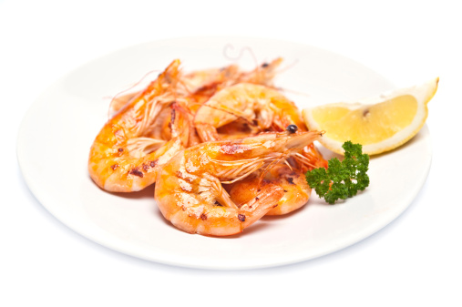 Cooked Whole Prawns on a white background