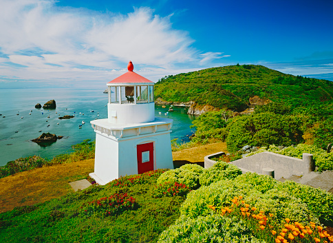 Trinidad Head Lighthouse sits on a hill overlooking the Trinidad Harbor in Trinidad, California, USA.