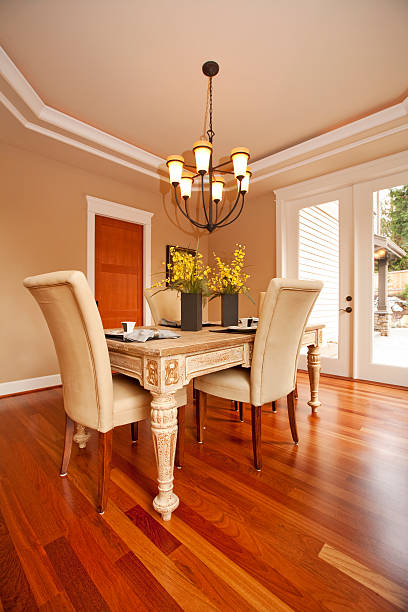 Elegant new Dining Room with beautiful hard wood floors Elegant new Dining Room with beautiful hard wood floors breakfast room stock pictures, royalty-free photos & images