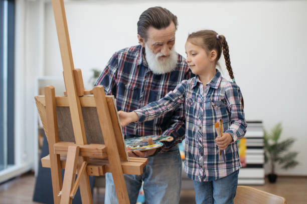istock Grandpa teaching color combination rules to child in studio 1575889090