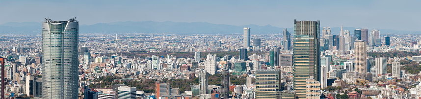 Sweeping panoramic vista across the crowded cityscape of Tokyo, Japan, from the gleaming complex of Roppongi Hills over the green parks of Shibuya-Ku to the landmark skyscrapers of Shinjuku and the distant mountains beyond. ProPhoto RGB profile for maximum color fidelity and gamut.