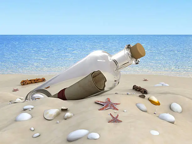 Bottle with a rolled up paper inside standing on the sands. Help and assistance concept.