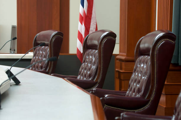 istock Modern Courtroom Judges' Seats at Bench in Medium Wide Angle 157589401
