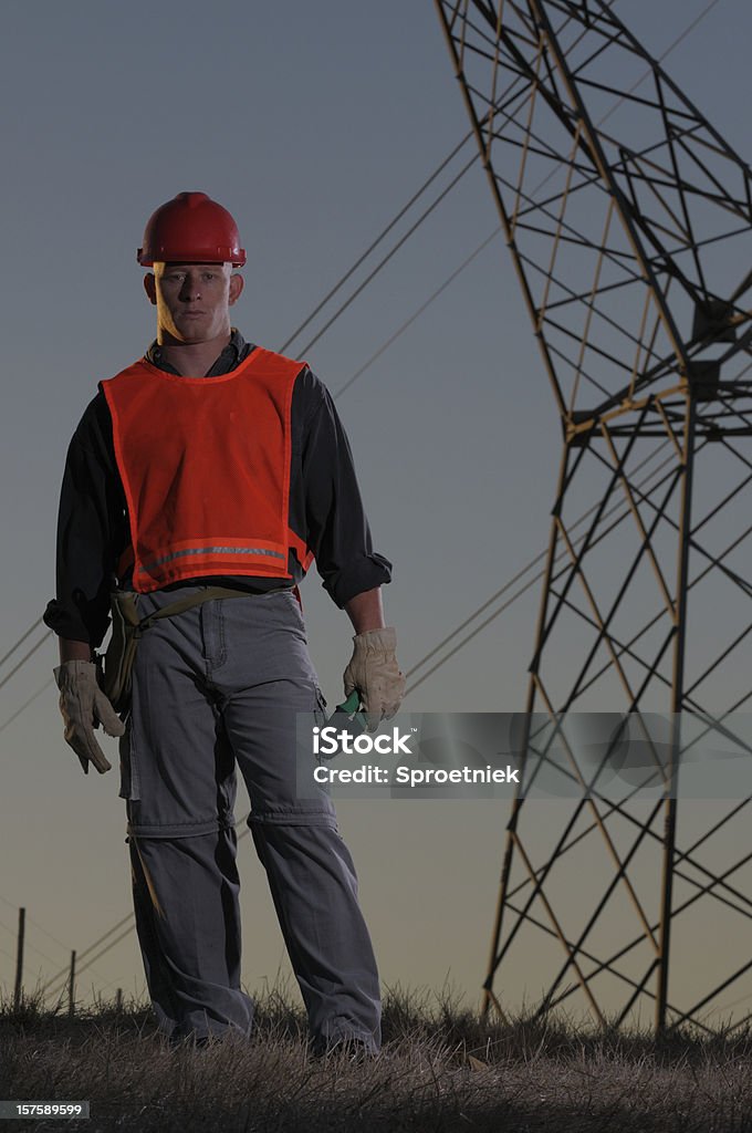 Trabalhador contra o utilitário de postes mcu - Royalty-free Eletricidade Foto de stock