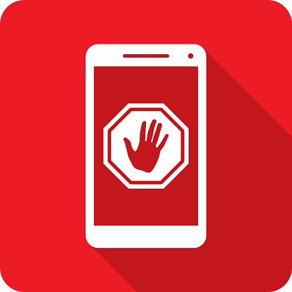 Vector illustration of a smartphone with stop sign hand icon against a red background in flat style.