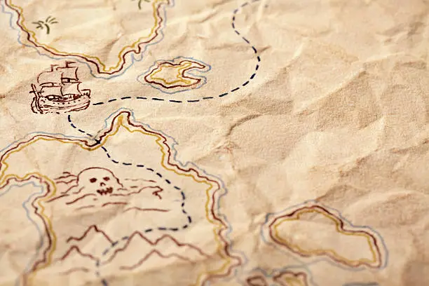 Close-Up shot of a hand made Treasure  map, lots of detail. Copy Space available on this Full Frame Horizontal image.