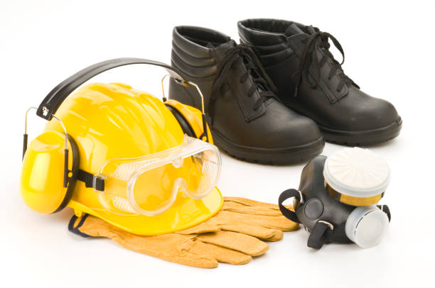 Industrial Safety Workwear. Industrial Safety Workwear on White. Includes Hard Hat, Safety Glasses, Earmuff, Respiratory Mask, Steel Toe Boots and Gloves. See My Portfolio for Related Photos.http://i1215.photobucket.com/albums/cc503/carlosgawronski/SafetyWorkwear.jpg safety equipment stock pictures, royalty-free photos & images