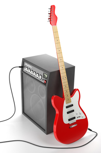 An electric guitar and amplifier against a white background. Guitar and amplifier design are my own. Very high resolution 3D render.