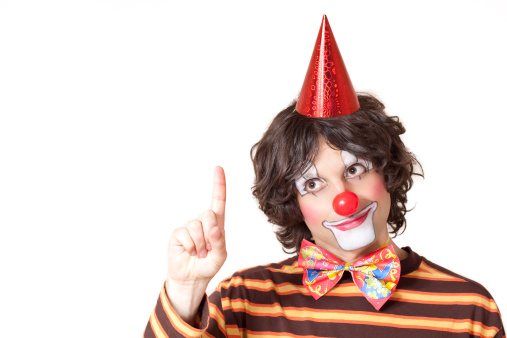 Mr Clown. Funny shocked face comedian Clown man in colorful costume wearing wig shout out loud wow with hands on mouth announcement. Happy expression amazed bozo in various pose on isolated.