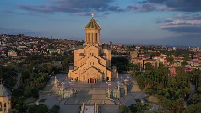 Aerial view of Holy Trinity Cathedral Tsminda Sameba church in Tbilisi, Georgia