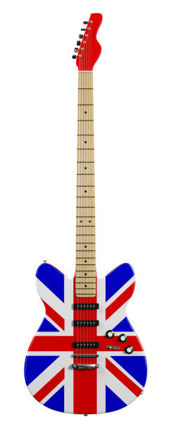 British Electric Guitar An electric guitar with a British Union Jack design on a white background. Guitar design is my own. Very high resolution 3D render. union jack guitar stock pictures, royalty-free photos & images