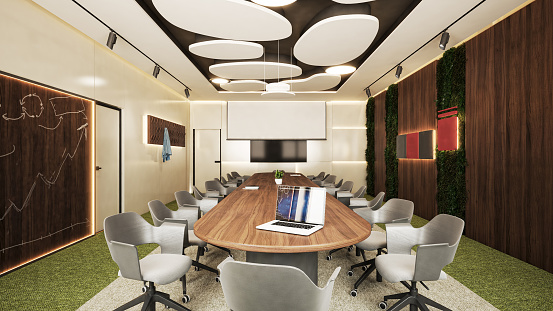 Interior design. Computer Generated Image Of Office. Architectural Visualizartion, 3D Render. Stock Phote
