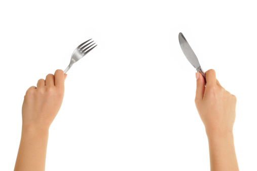 isolated on white hands holding knife and fork
