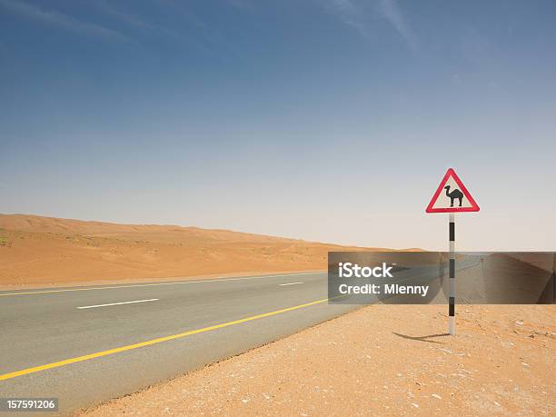 Señal De Cruce De Camellos Vacía Carretera Del Desierto Foto de stock y más banco de imágenes de Omán