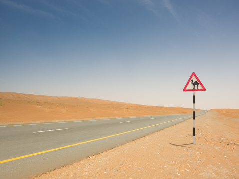 Camel Crossing Sign roadside of an desert highway under a blue sky. Oman Photo Collection