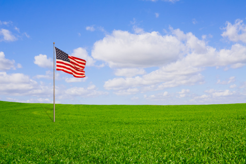 Waving American Flag In Rolling Grassland  Against A Blue Sky