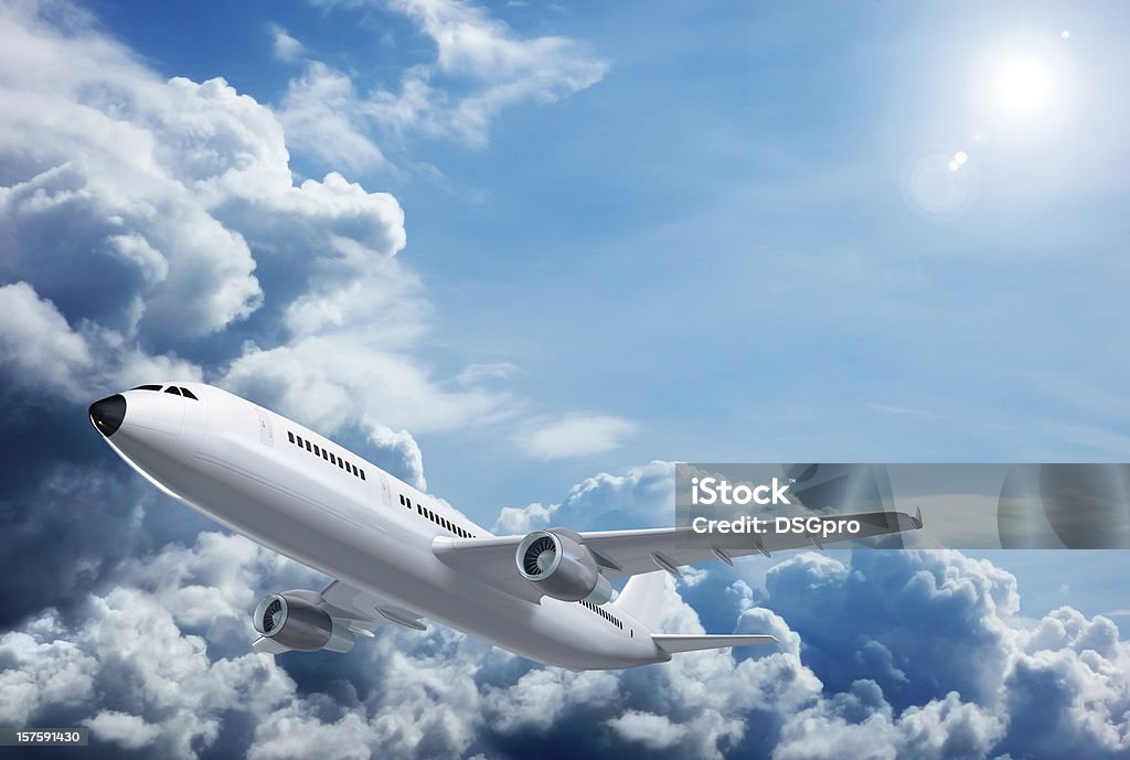 Travel Airplane on clouds background. Airplane Stock Photo
