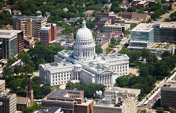 Wisconsin State Capital aerial view Wisconsin State Capital on a clear summer day. Aerial photo shot with a Canon 5D with Adobe RGB color profile. madison wisconsin photos stock pictures, royalty-free photos & images