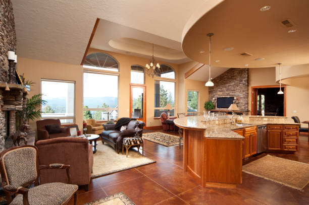 This wide angle shows the living room, and kitchen.