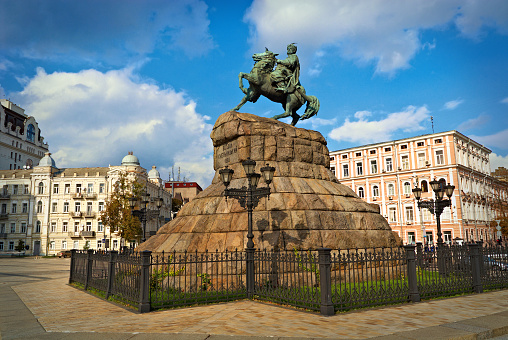 The statue of Hetman of Ukraine Bohdan Khmelnytsky in front of the Saint Sophia Cathedral in Kiev, Ukraine.