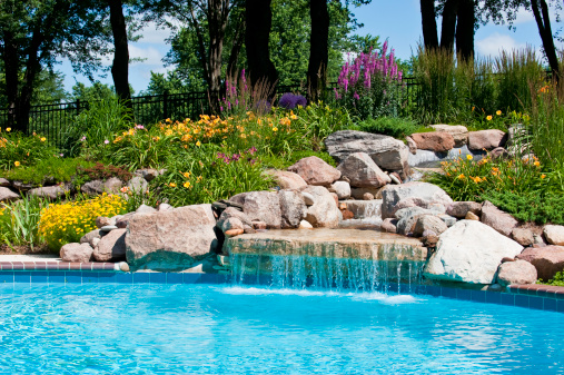 Beautifully landscaped backyard pool with a waterfall.