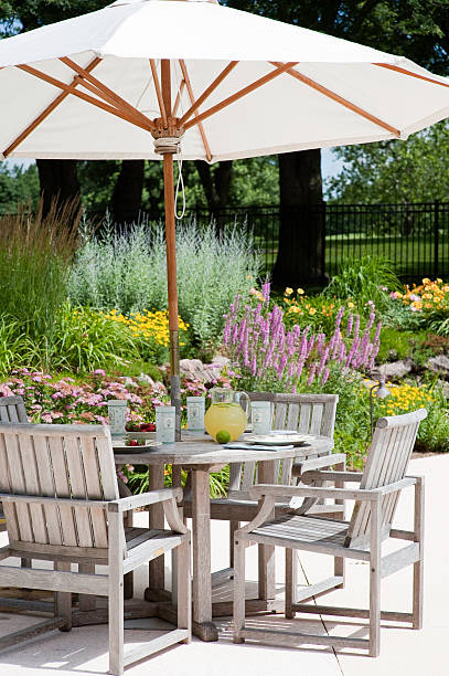istock A garden patio with big white umbrella 157591864