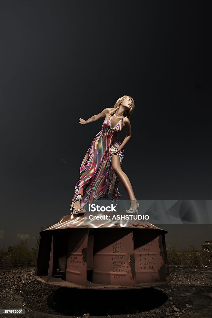 Young woman on nature A young woman in dress posing on nature, on a background dark sky. Haute Couture Stock Photo